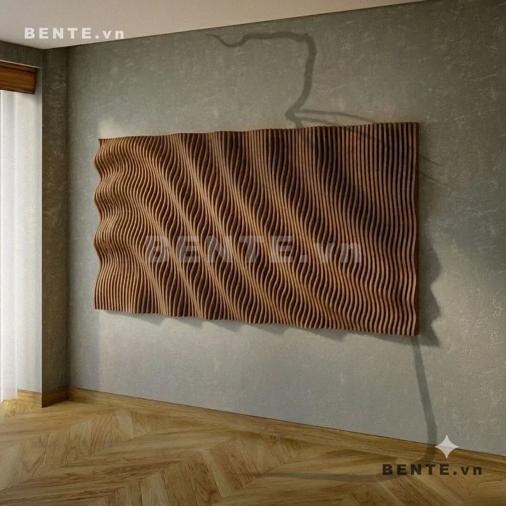 tranh 3D gợn sóng dọc, tranh gỗ parametric sóng song song, tranh tường nan cong liên tục