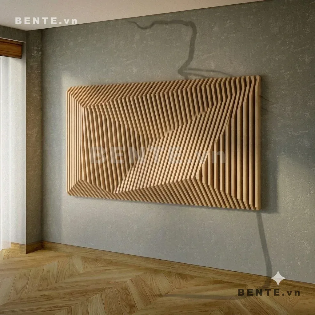 tranh gỗ 3D gợn sóng góc cạnh, tranh gỗ parametric nan gãy khúc, tranh tường dải chéo hội tụ