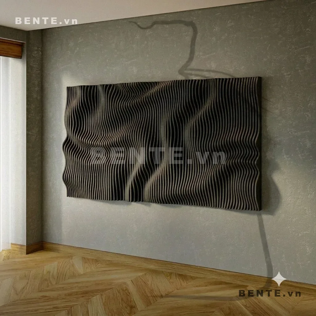 tranh gỗ tạo bóng gợn sóng, tranh decor dải cong không đồng đều, tranh gỗ 3D sóng nổi