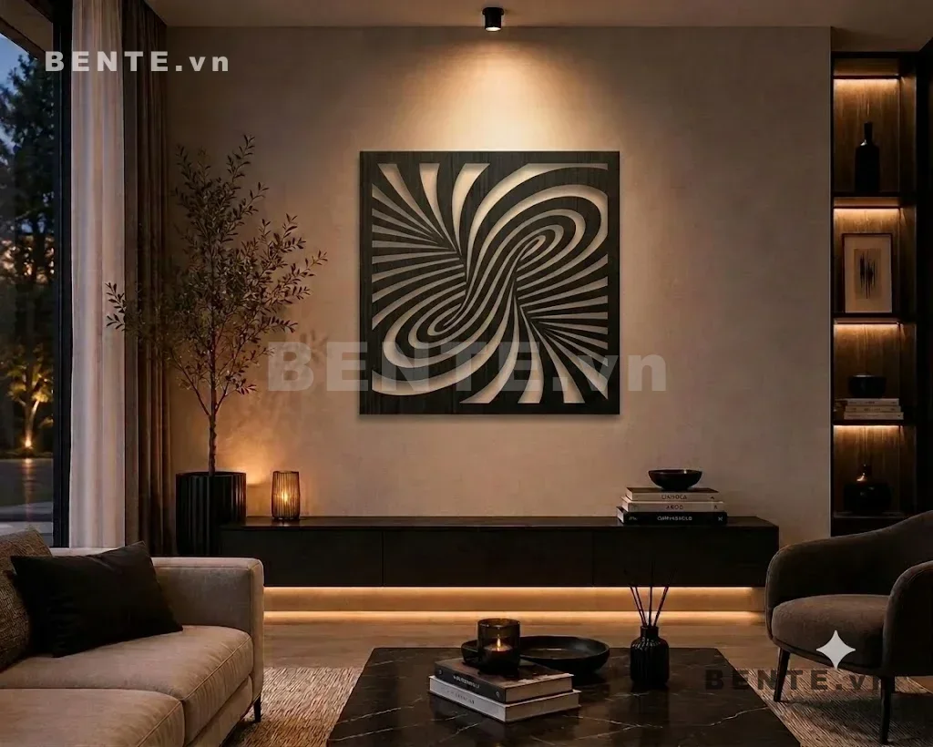 tranh gỗ hình học ảo giác, tranh decor khung vuông xoáy