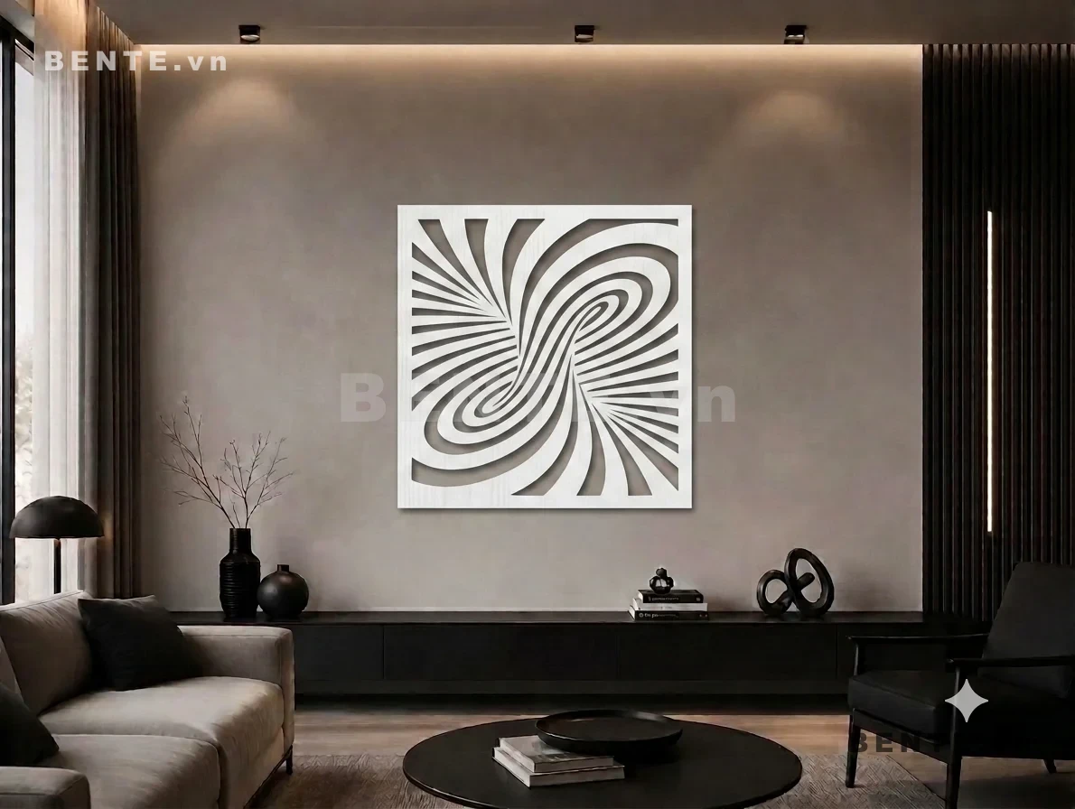 tranh gỗ 3D trẻ em ảo giác xoáy, tranh gỗ hai tâm xoáy lệch chéo