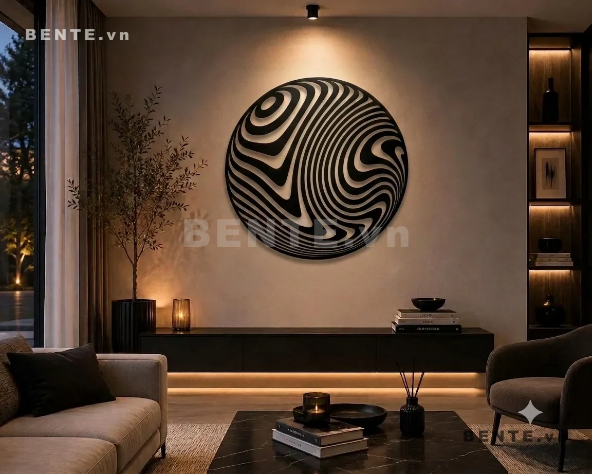 tranh decor hình tròn trừu tượng, tranh gỗ 3D đường cong tạo bóng