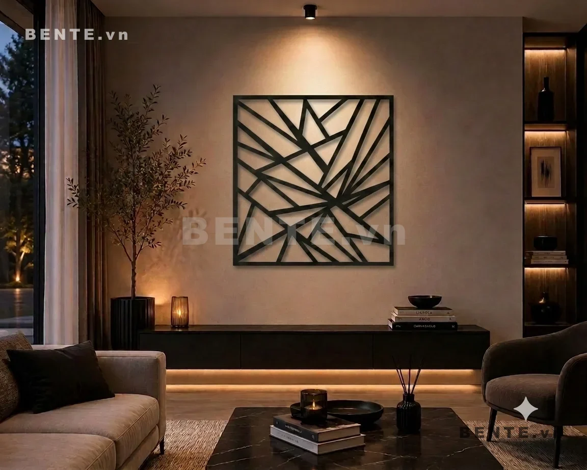 tranh gỗ hình học 3D khung vuông, tranh gỗ nan thẳng giao nhau, tranh tường hình học hội tụ