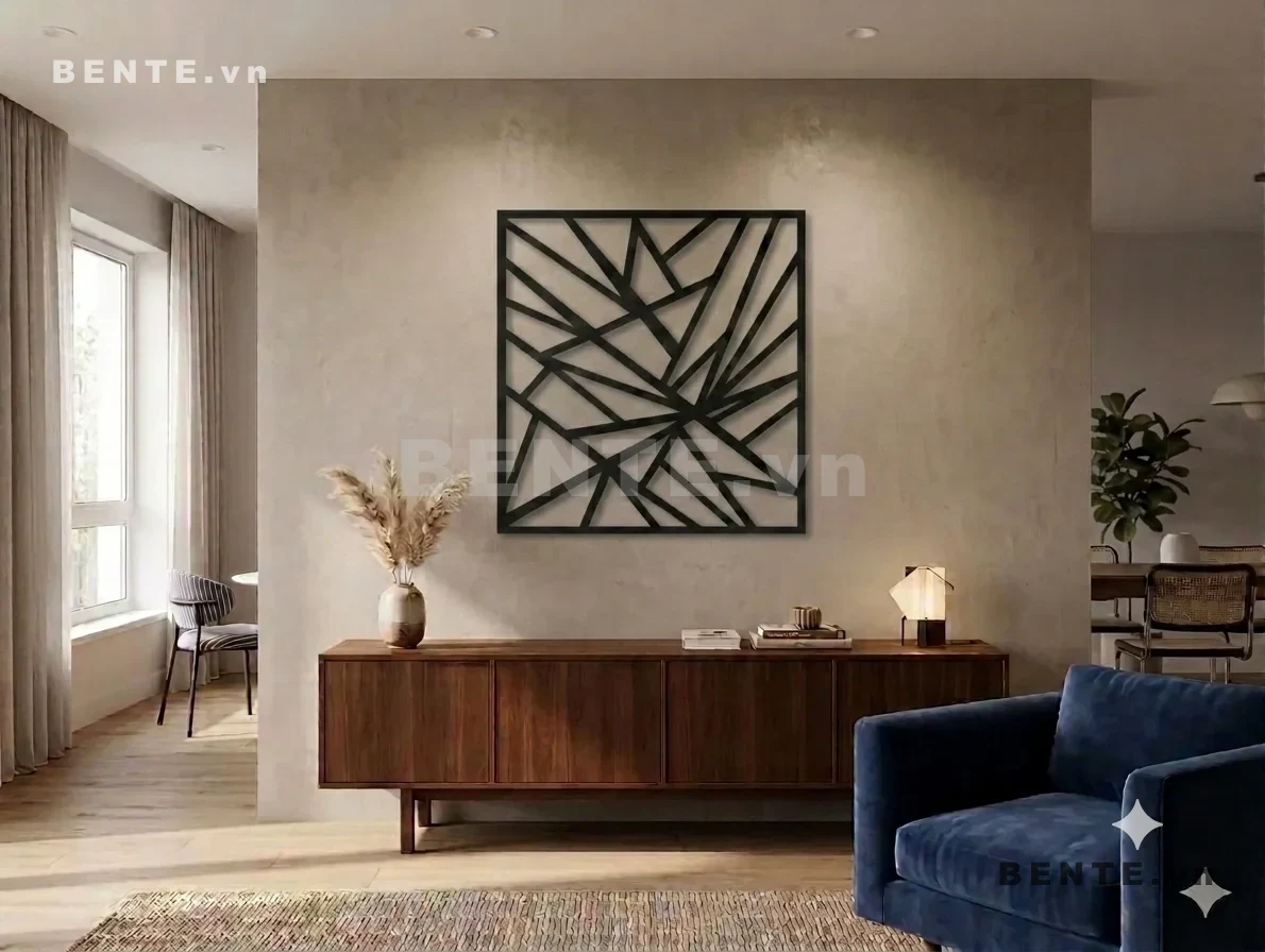 tranh decor tường hình học vuông, tranh gỗ 3D tâm hội tụ, tranh CNC hình học trừu tượng