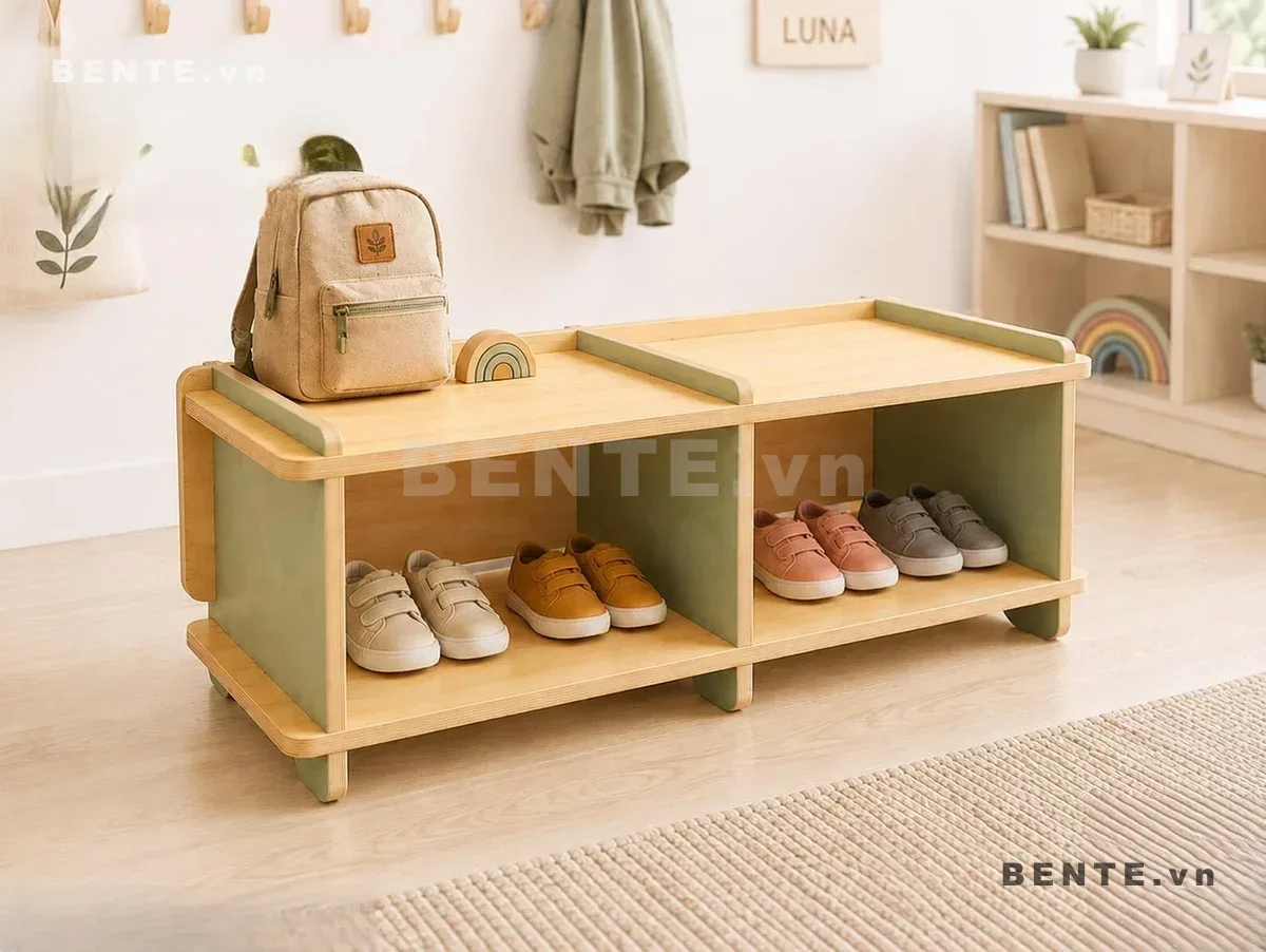 Tủ Giày Kệ Gỗ Trẻ Em Có Ghế Ngồi, 2 Khoang Để Giày, Lắp Ráp Đơn Giản - T82643, tủ kệ giày gỗ trẻ em có ghế ngồi, kệ giày bé 2 khoang, ghế băng để giày cho bé, kệ giày Montessori có chỗ ngồi, kệ giày trẻ em mặt ngồi có chắn, kệ để giày bé vách ngăn giữa, ghế thay giày cho trẻ, kệ giày phòng bé hai ngăn, kệ giày trẻ em chân thấp, tủ kệ giày gỗ trẻ em lắp ráp