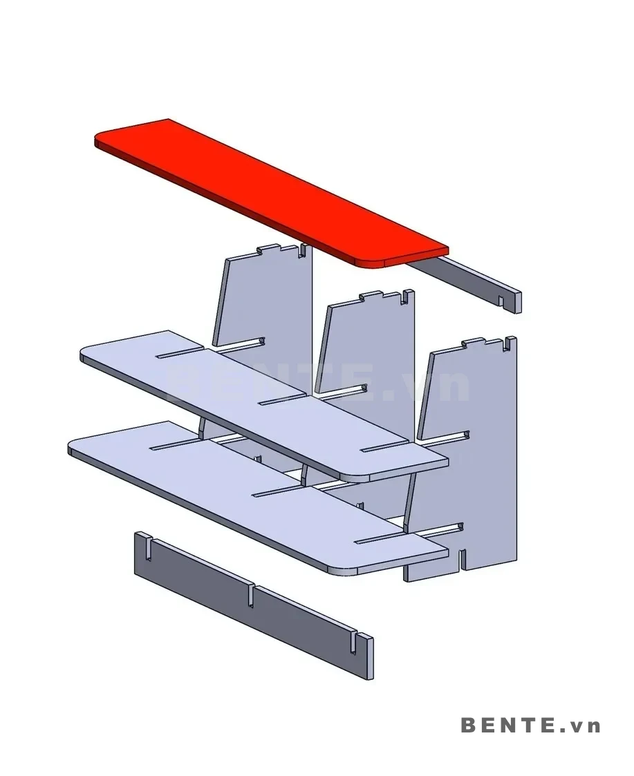 ảnh hướng dẫn lắp ráp, tủ kệ gỗ 3 tầng vách nghiêng so le, tủ kệ khoang lớn nhỏ xen kẽ