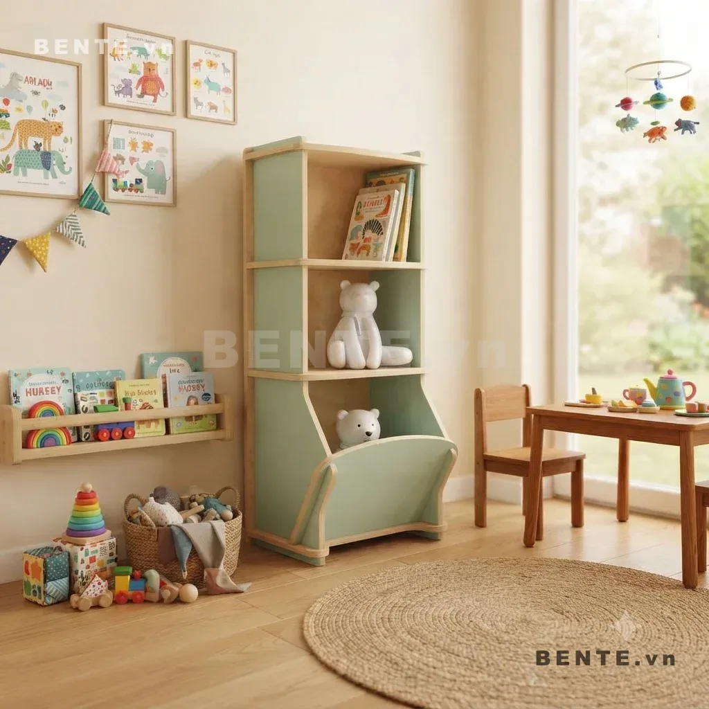 tủ gỗ trẻ em khoang trưng đồ, tủ sách Montessori có ngăn dưới