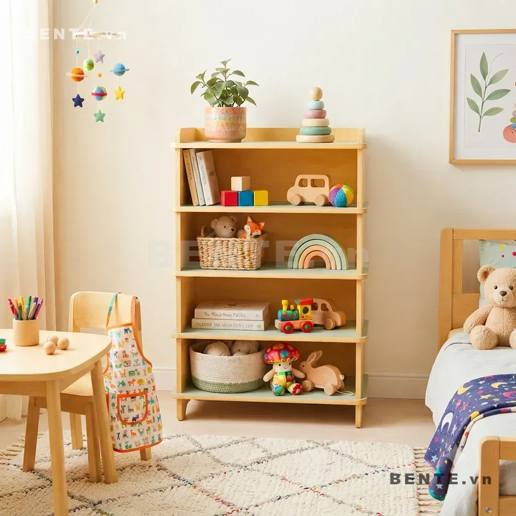 tủ sách trẻ em hông liền tấm, tủ gỗ trẻ em chân bo vát