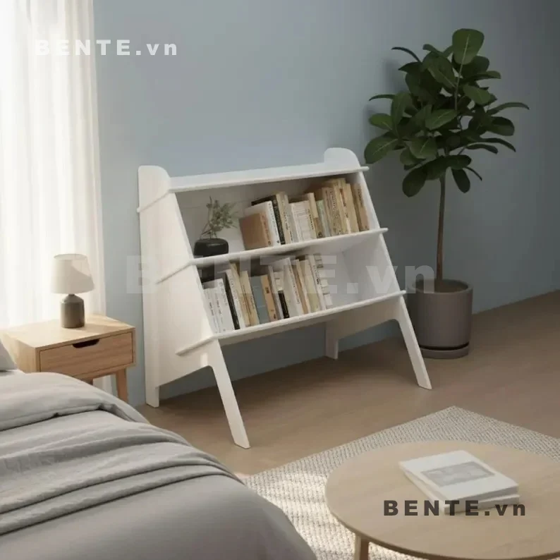 tủ sách góc chân xòe, tủ sách tầng mở phía trước