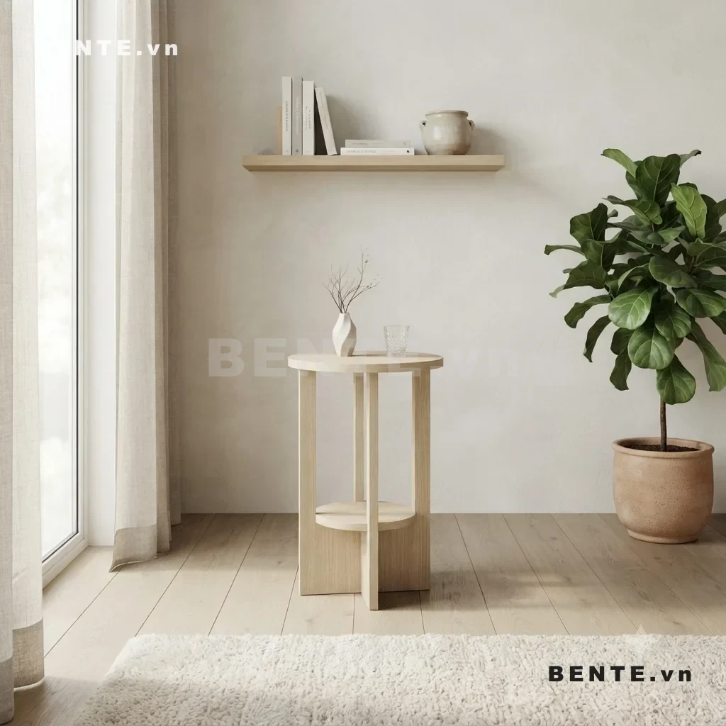 bàn sofa mặt tròn có kệ, bàn tròn chân bản đứng