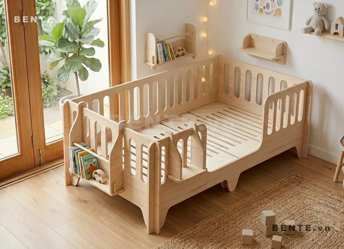 giường ngủ bé khung lan can bo tròn, giường trẻ em chân bo cong