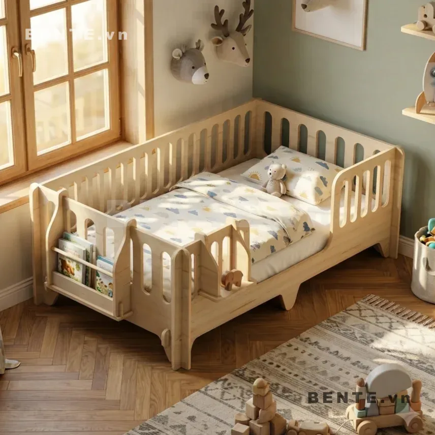 giường gỗ trẻ em lan can nan dọc, giường trẻ em có kệ sách cuối giường