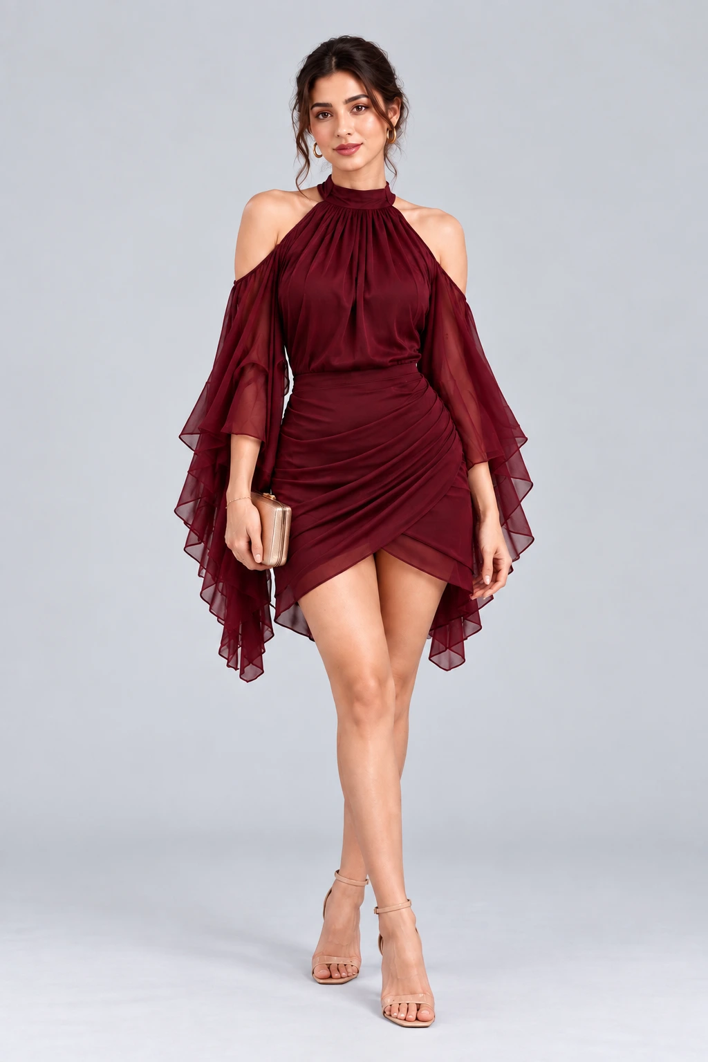 Bordeaux Draped Georgette Mini Dress