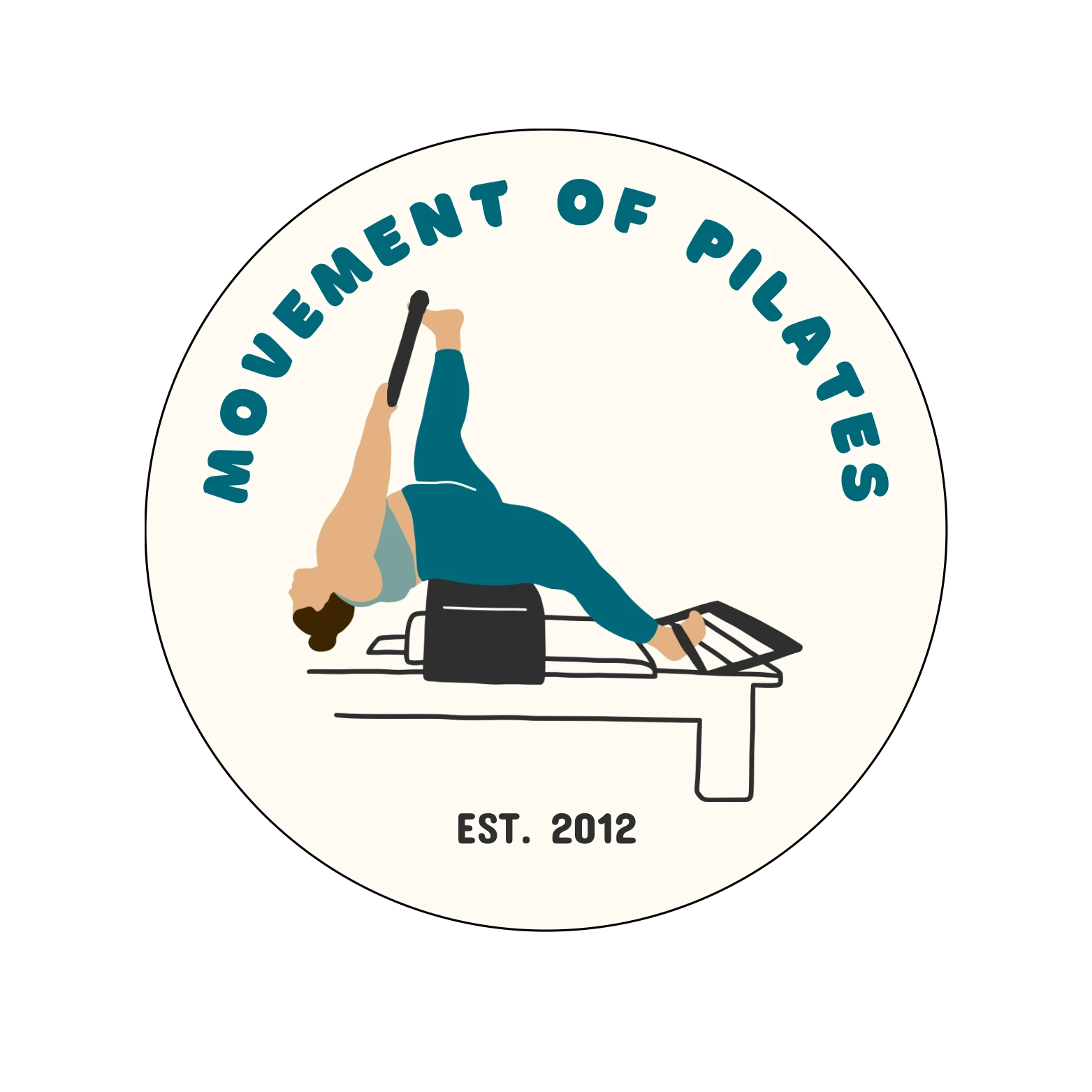 Movement of Pilates logo, a circular badge with an illustrated figure performing a reformer exercise, "Movement of Pilates" text arched above and "Est. 2012" below.