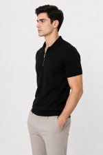 ADRIZO Jet Black Zipper Polo T-Shirt thumbnail 3
