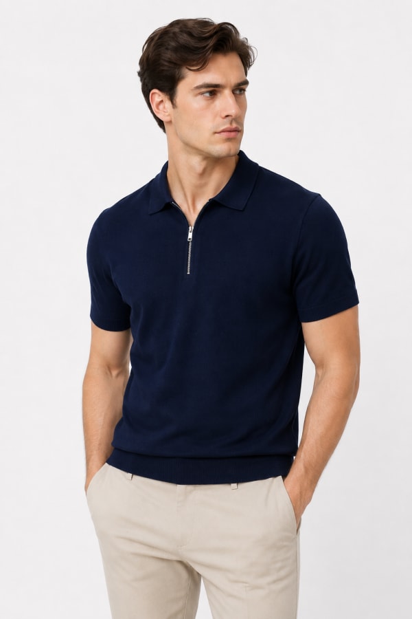 ADRIZO Navy Blue Zipper Polo T-Shirt