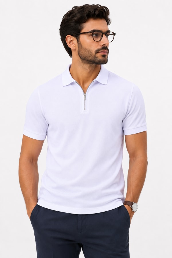 ADRIZO White Zipper Polo T-Shirt