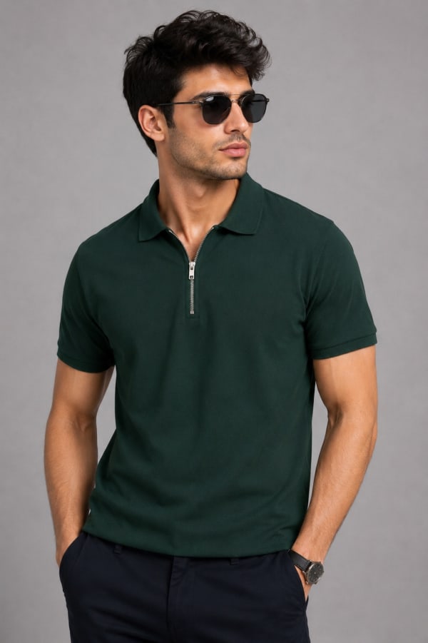 ADRIZO Bottle Green Zipper Polo T-Shirt