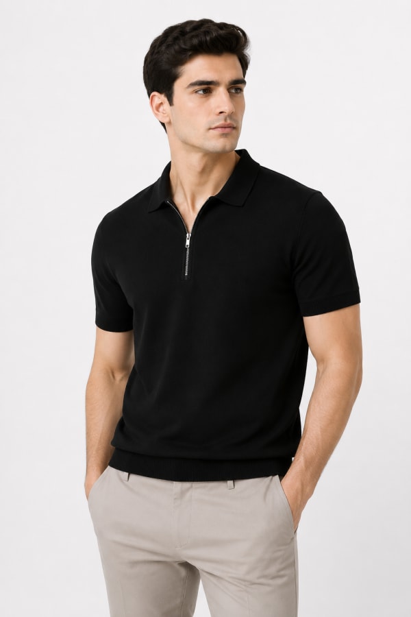 ADRIZO Jet Black Zipper Polo T-Shirt