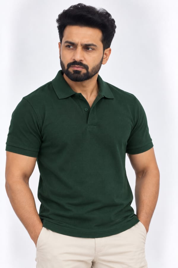 ADRIZO Bottle Green Button Polo T-Shirt