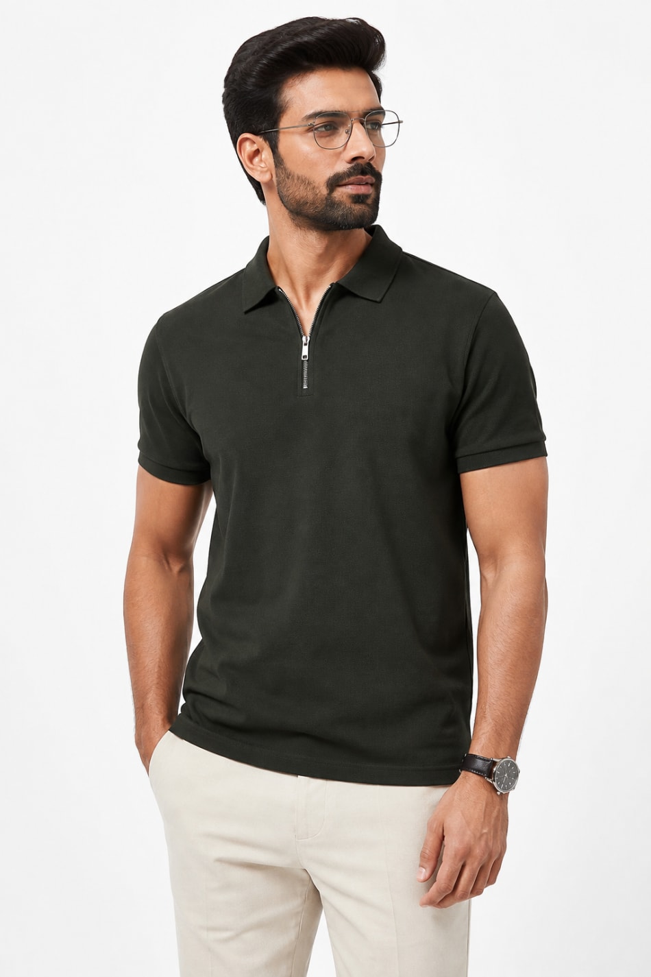 ADRIZO Olive Green Zipper Polo T-Shirt in OLIVE GREEN - View 1