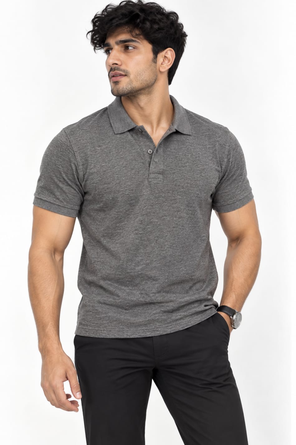 ADRIZO 15% Melange Button Polo T-Shirt in 15% MELANGE - View 1