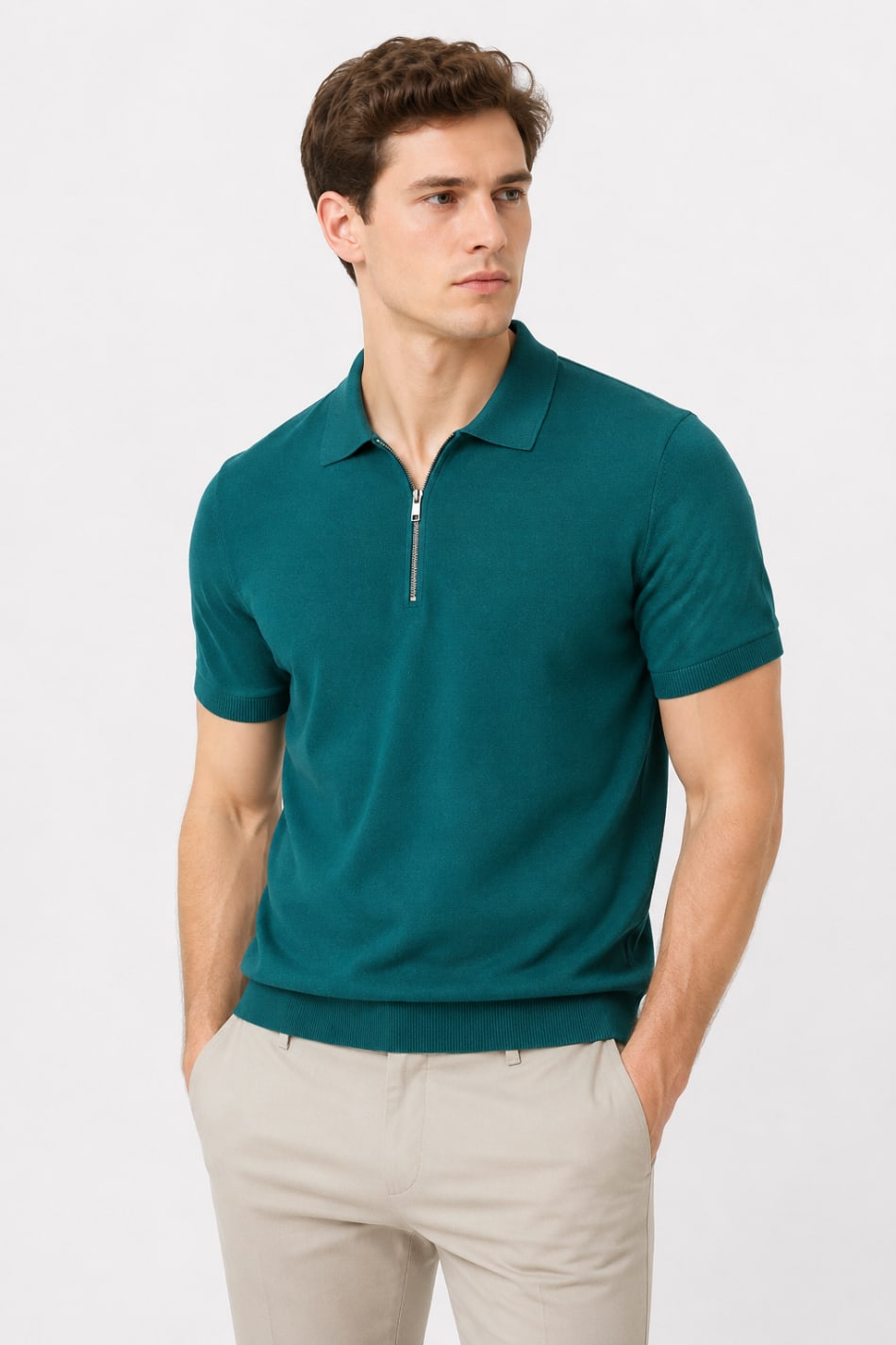 ADRIZO Rama Green Zipper Polo T-Shirt in RAMA GREEN - View 1