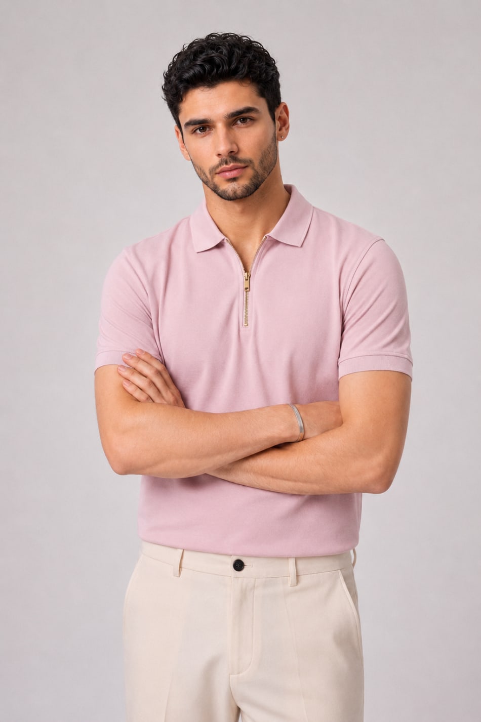 ADRIZO Baby Pink Zipper Polo T-Shirt in BABY PINK - View 1