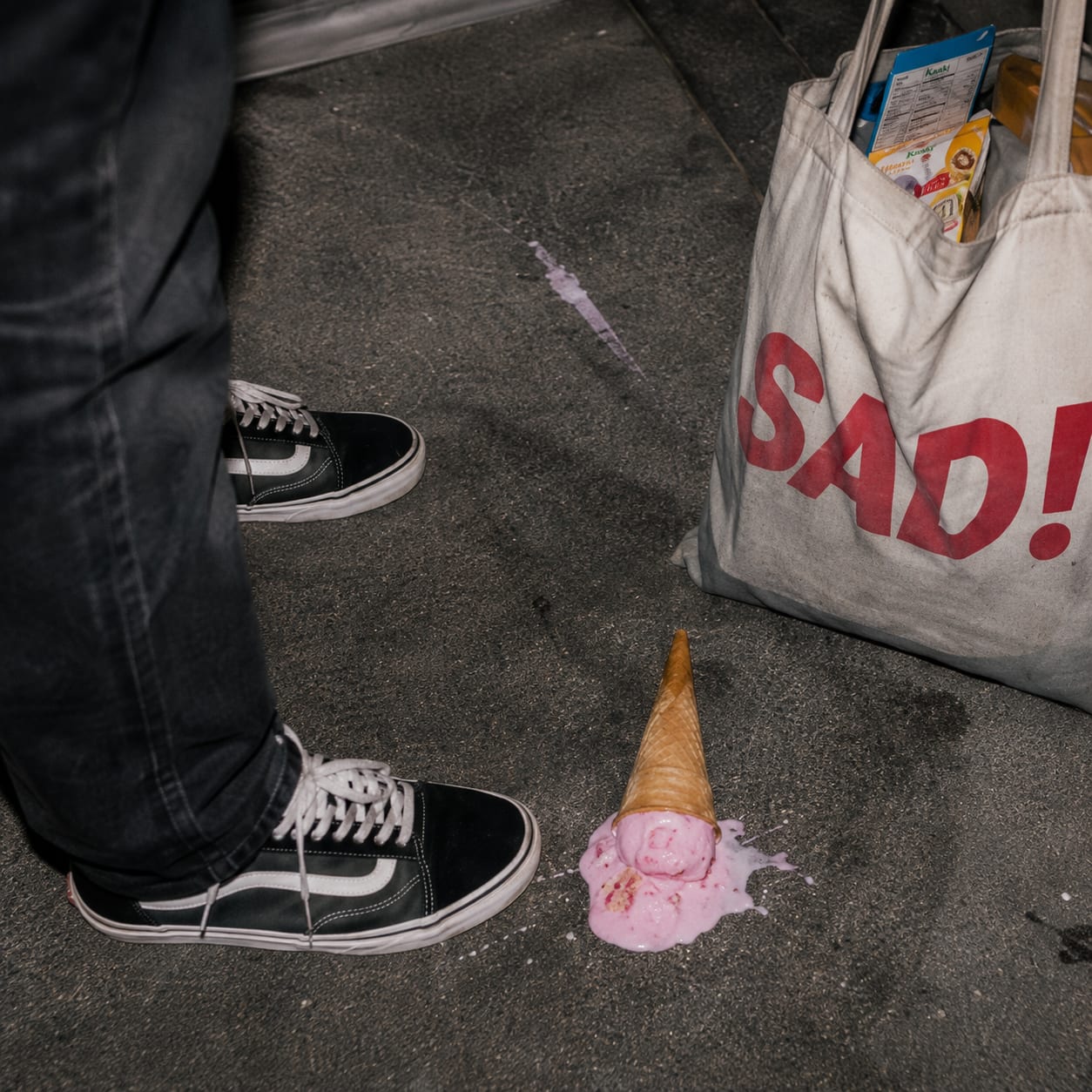 Ice cream cone next to a SAD! canvas tote bag