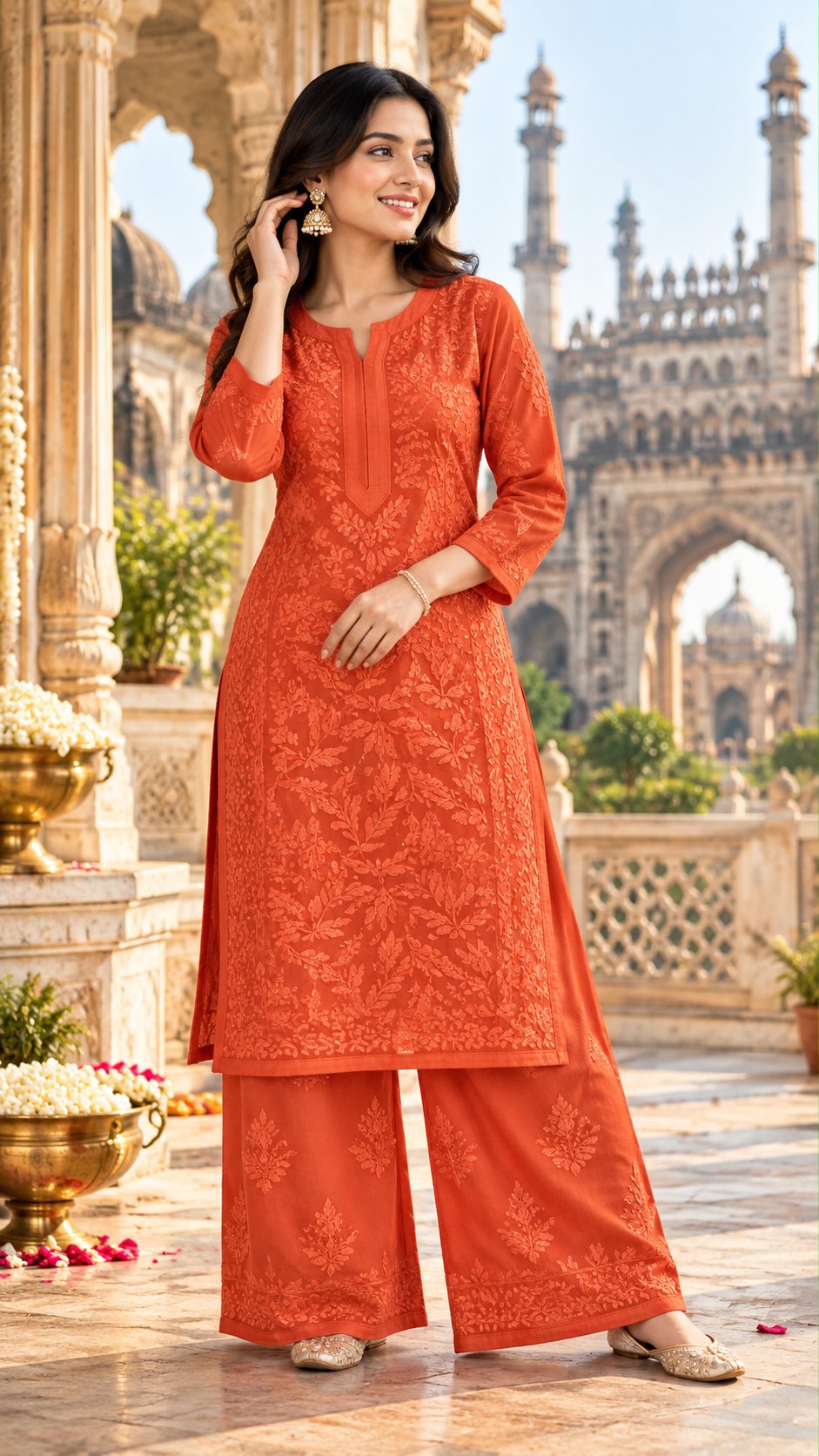 A woman posing outdoors in a bright orange Lucknowi chikankari embroidered kurta and palazzo set.