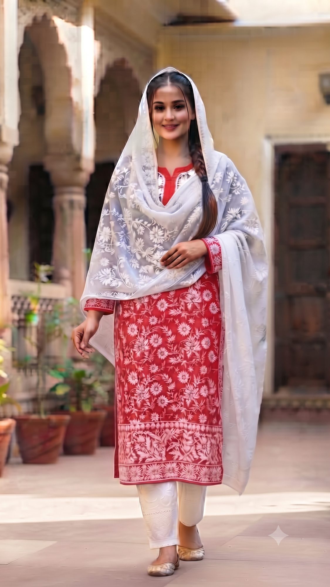 Red Lucknowi Chikankari Embroidered Kurta with White Dupatta and Pants