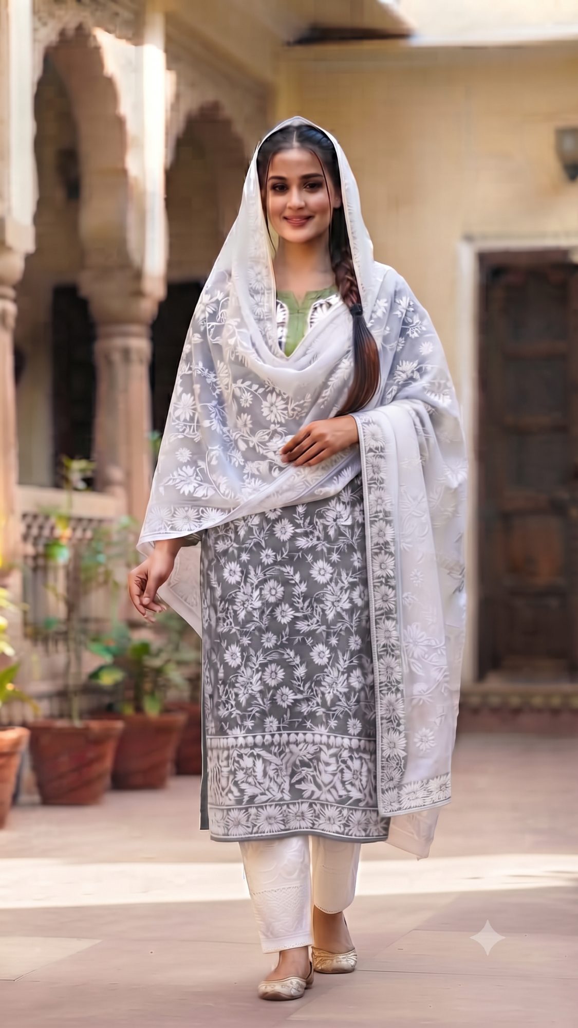 A woman wearing a grey Lucknowi chikankari kurti, white pants, and a matching embroidered dupatta.
