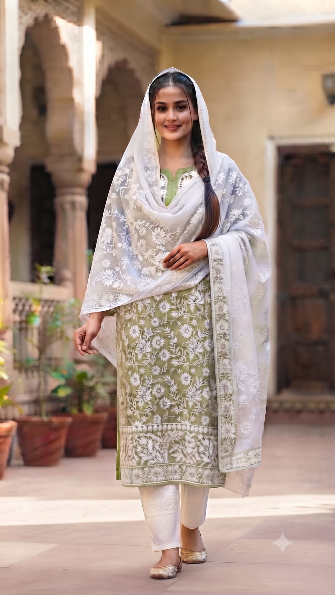 A woman wearing a green embroidered chikankari kurta with white pants and a sheer white dupatta