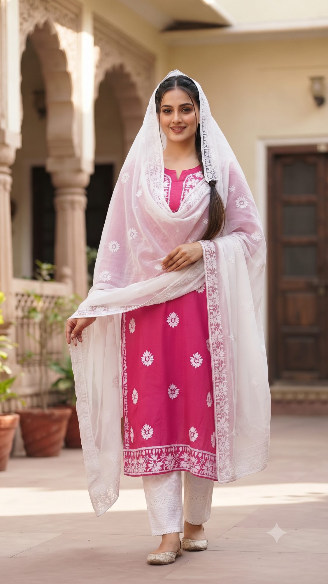 A woman wearing a pink Lucknowi chikankari kurta with white pants and a white embroidered dupatta.
