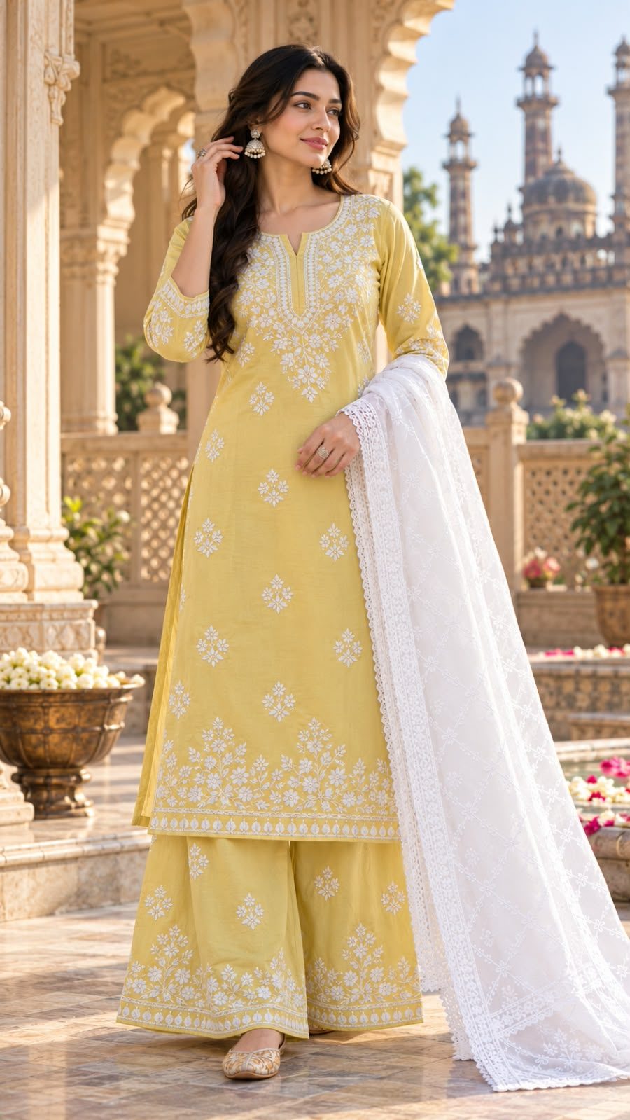 A woman wearing a yellow Lucknowi chikankari kurti and sharara set with a white dupatta, standing outdoors in an architectural courtyard.