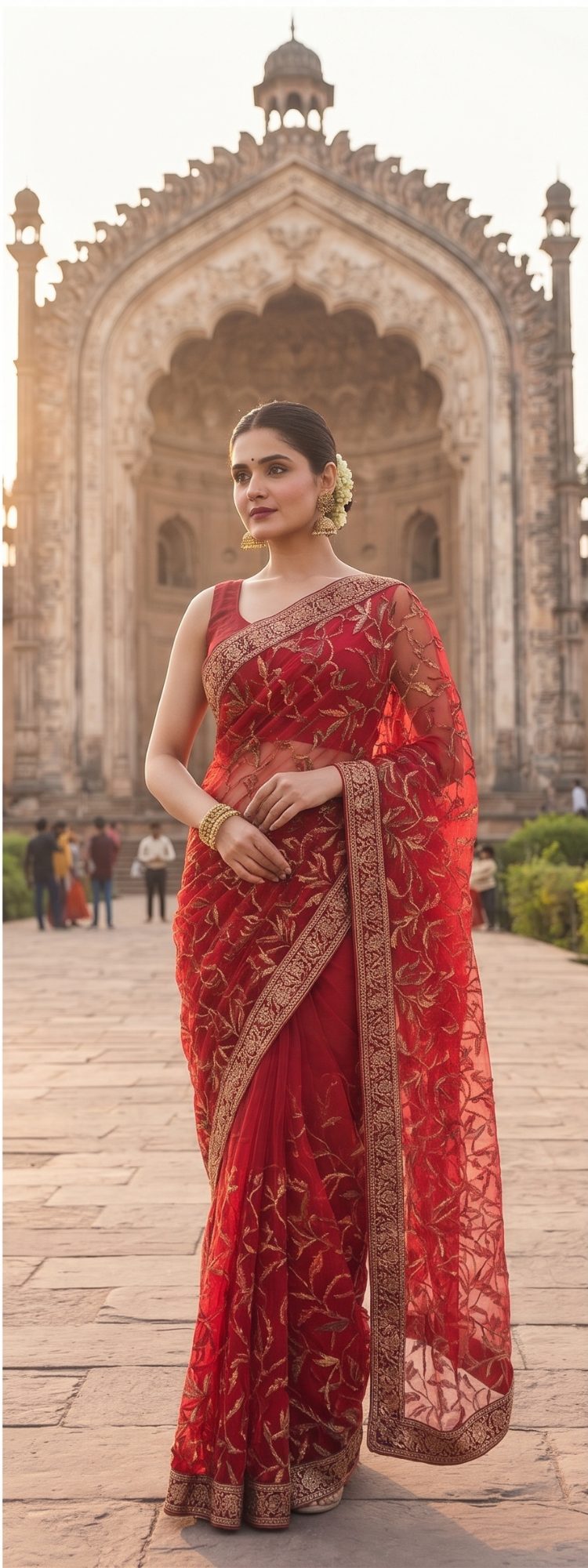 A woman posing gracefully in a vibrant red embroidered net saree with heavy borders in front of an ancient monument.