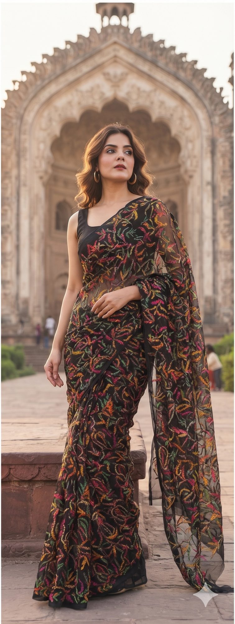 A woman wearing a black embroidered sheer saree posing outdoors in front of a historic monument.