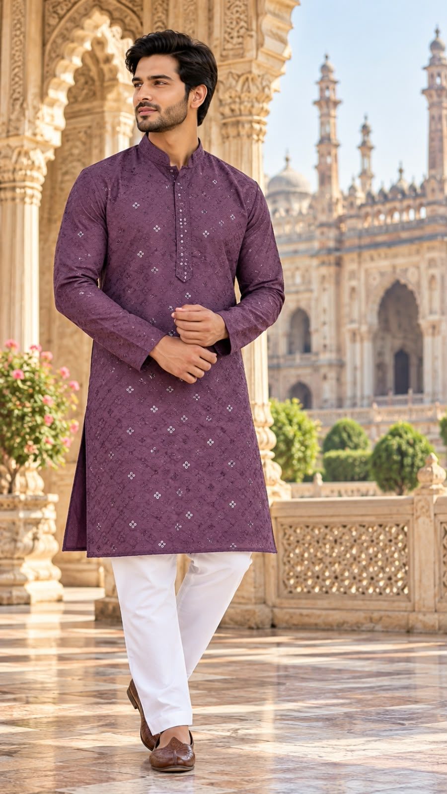 Man posing in a purple printed kurta with white pyjamas in front of a heritage building