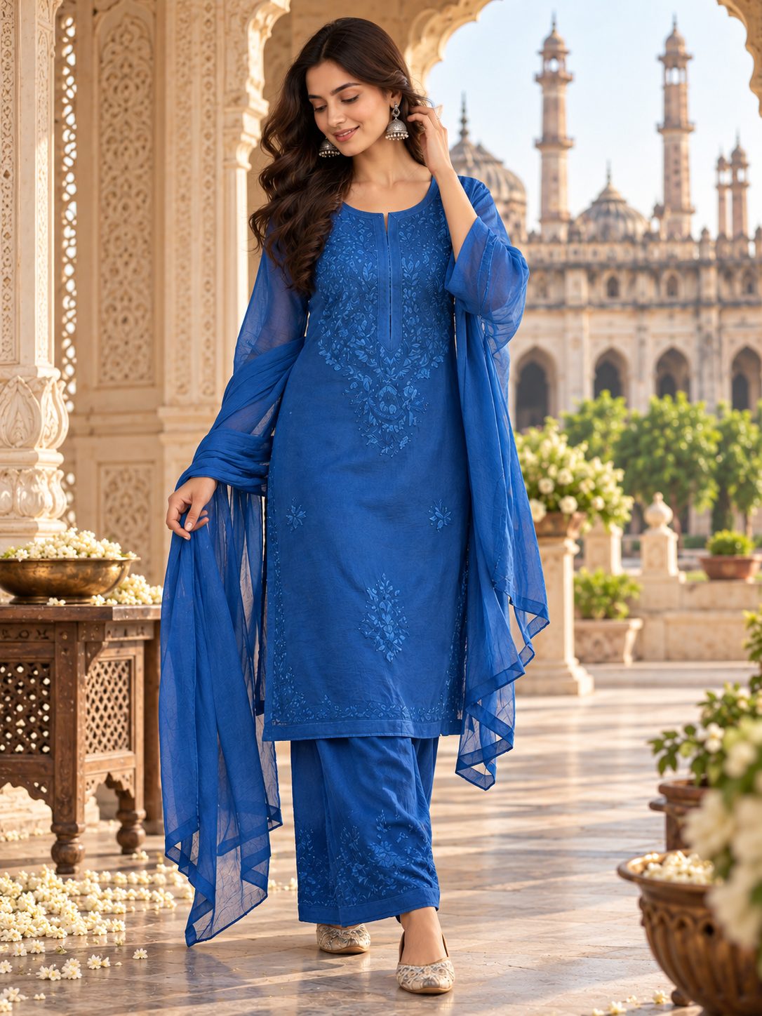 A woman modeling a royal blue Lucknowi chikankari kurti set with palazzo and sheer dupatta