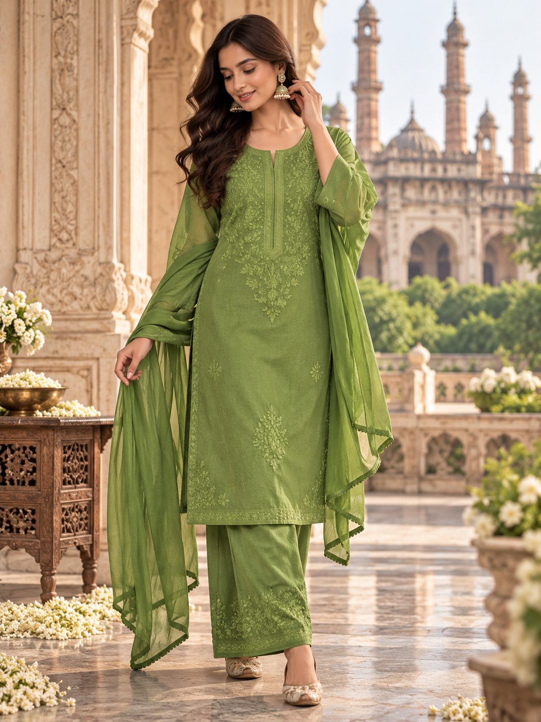 A woman posing gracefully in an olive green Lucknowi chikankari embroidered kurta, palazzo pants, and a matching dupatta against an architectural background.