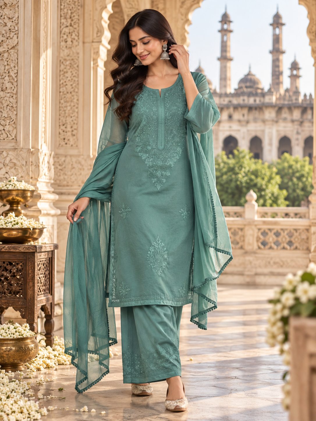 A woman wearing a sea green chikankari kurta with palazzo pants and a matching dupatta, posing outdoors.