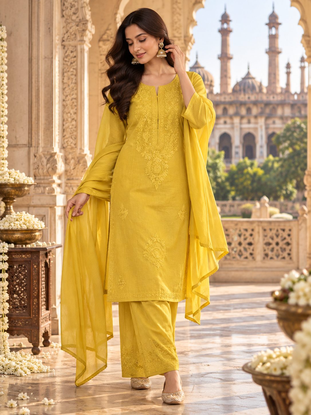 A woman wearing a mustard yellow chikankari kurta set with palazzo and dupatta, standing in a traditional palace courtyard setting.