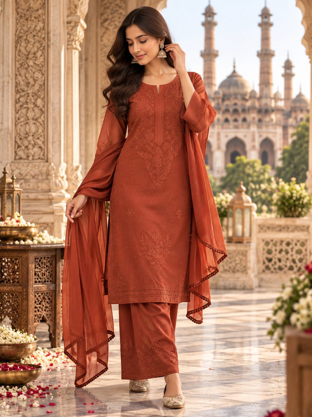 A woman wearing a rust orange chikankari embroidered kurta set with palazzo and sheer dupatta, posing in an outdoor architectural setting.