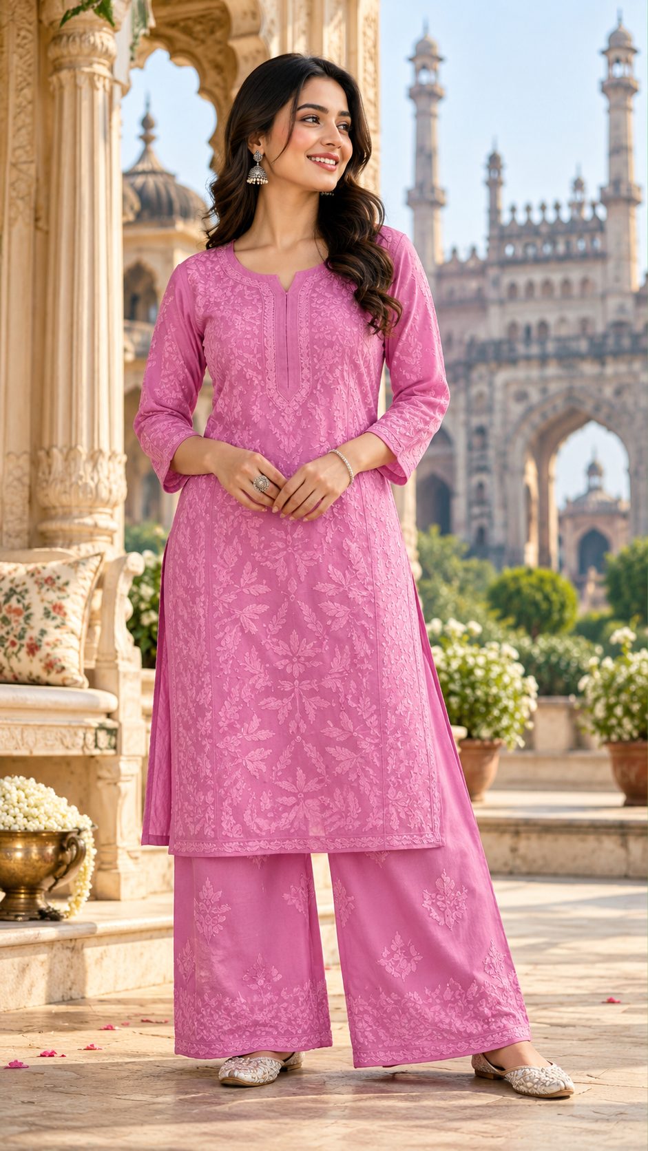 Pink Lucknowi Chikankari Kurta with Palazzos