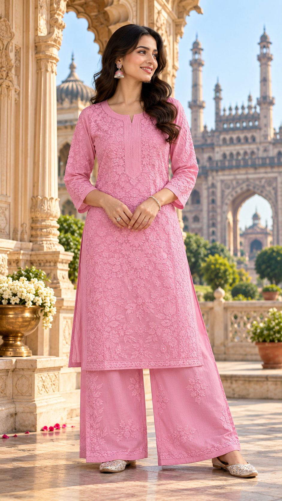 A woman posing in a pink chikankari kurti and palazzo set against an ornate historical architecture background.