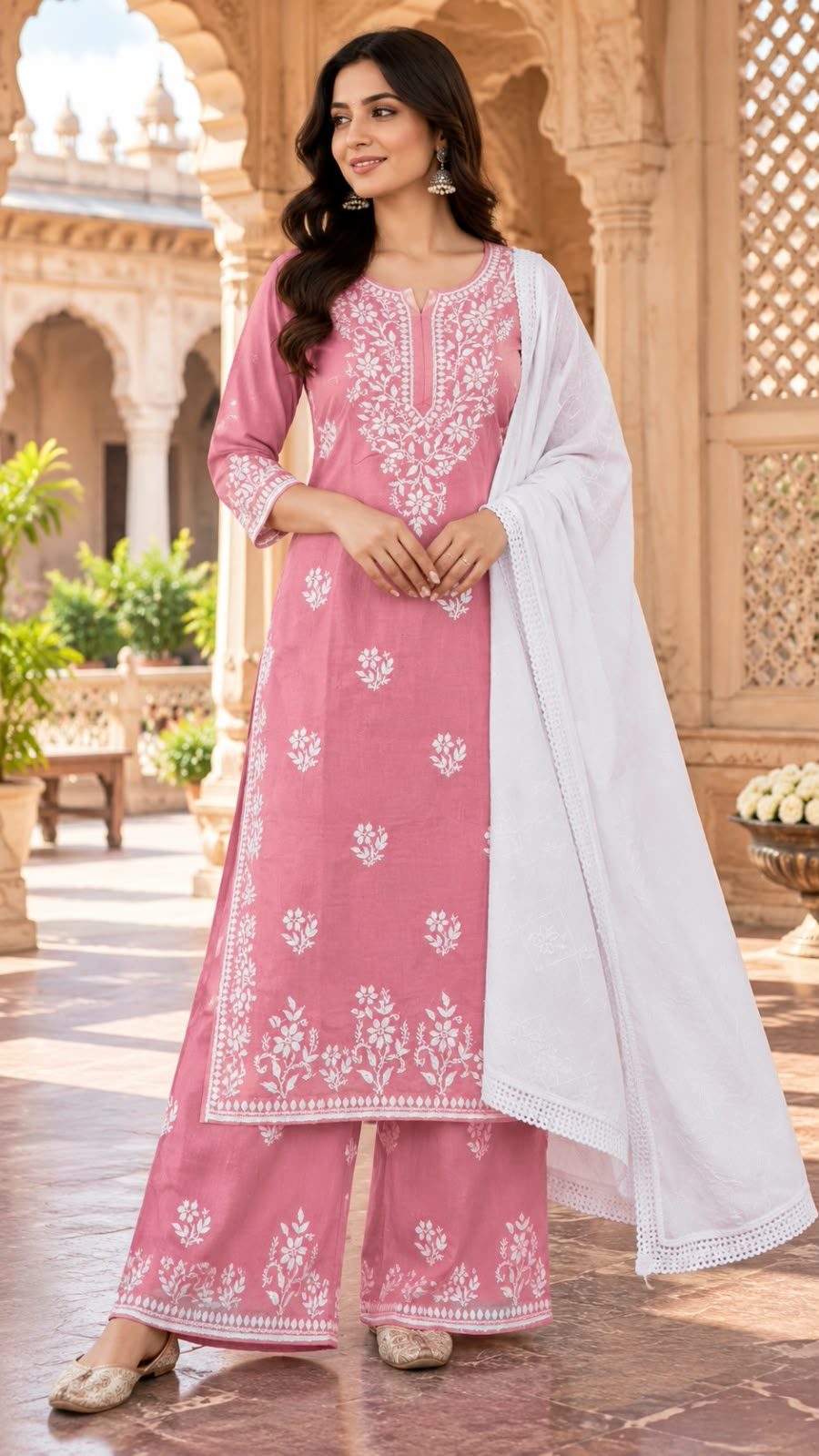 A woman wearing a pink Lucknowi chikankari kurta and palazzo set with a white dupatta.