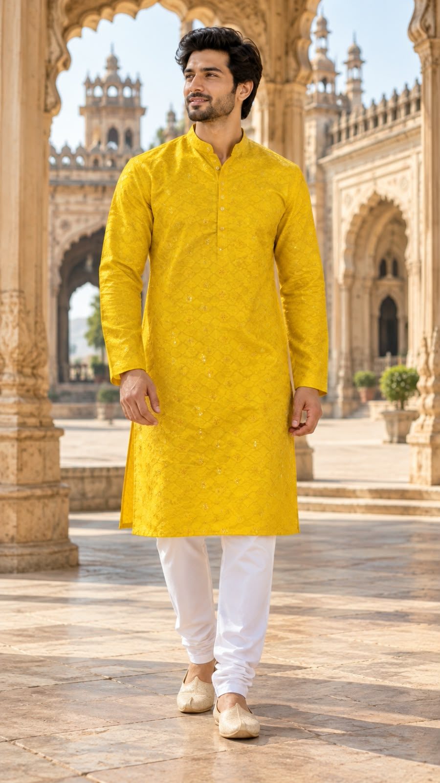 A man wearing a yellow Chikankari kurta with intricate embroidery and white churidar pants, standing in an ornate historical courtyard.