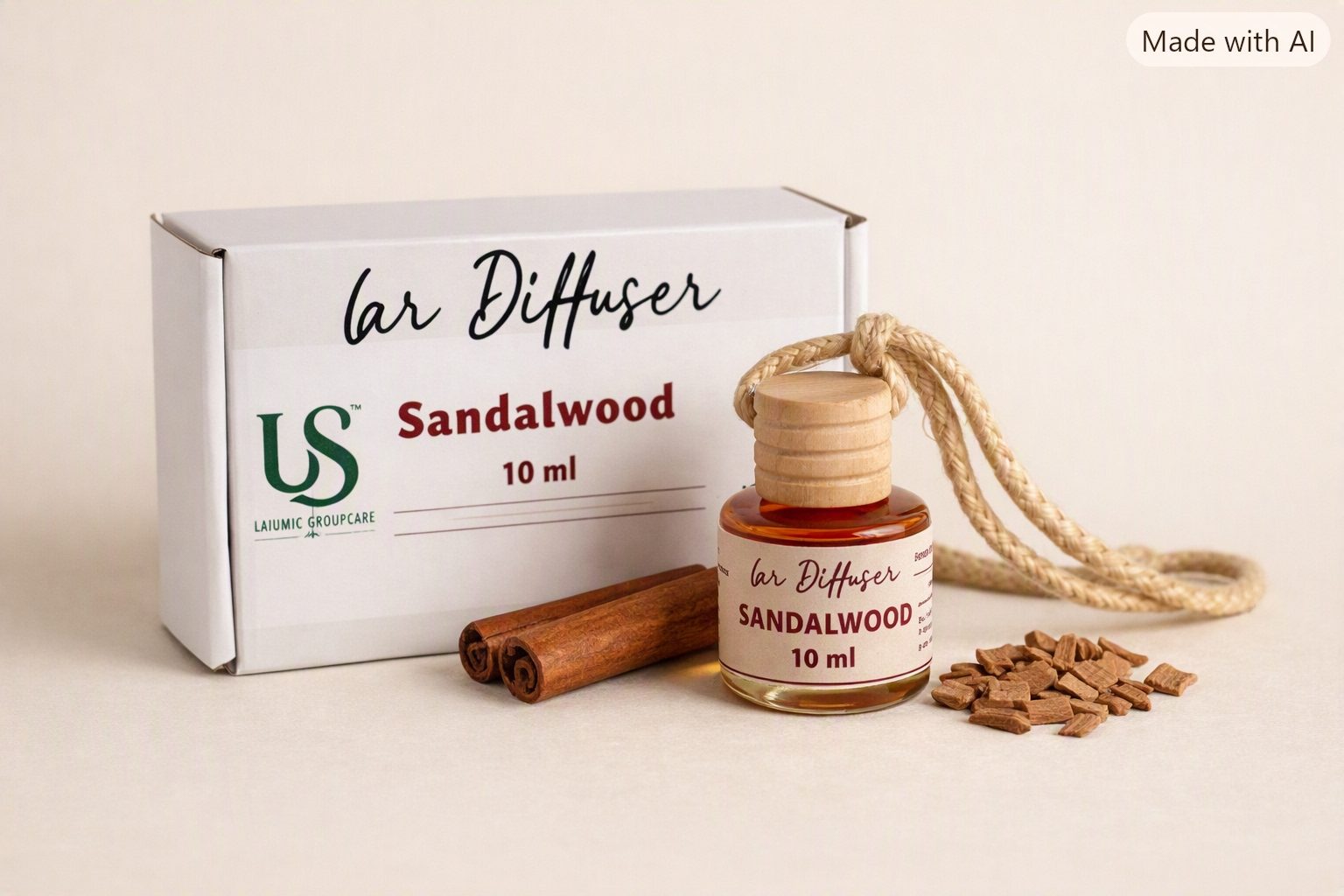 Urban Sansaar Sandalwood Car Diffuser with packaging box and cinnamon sticks