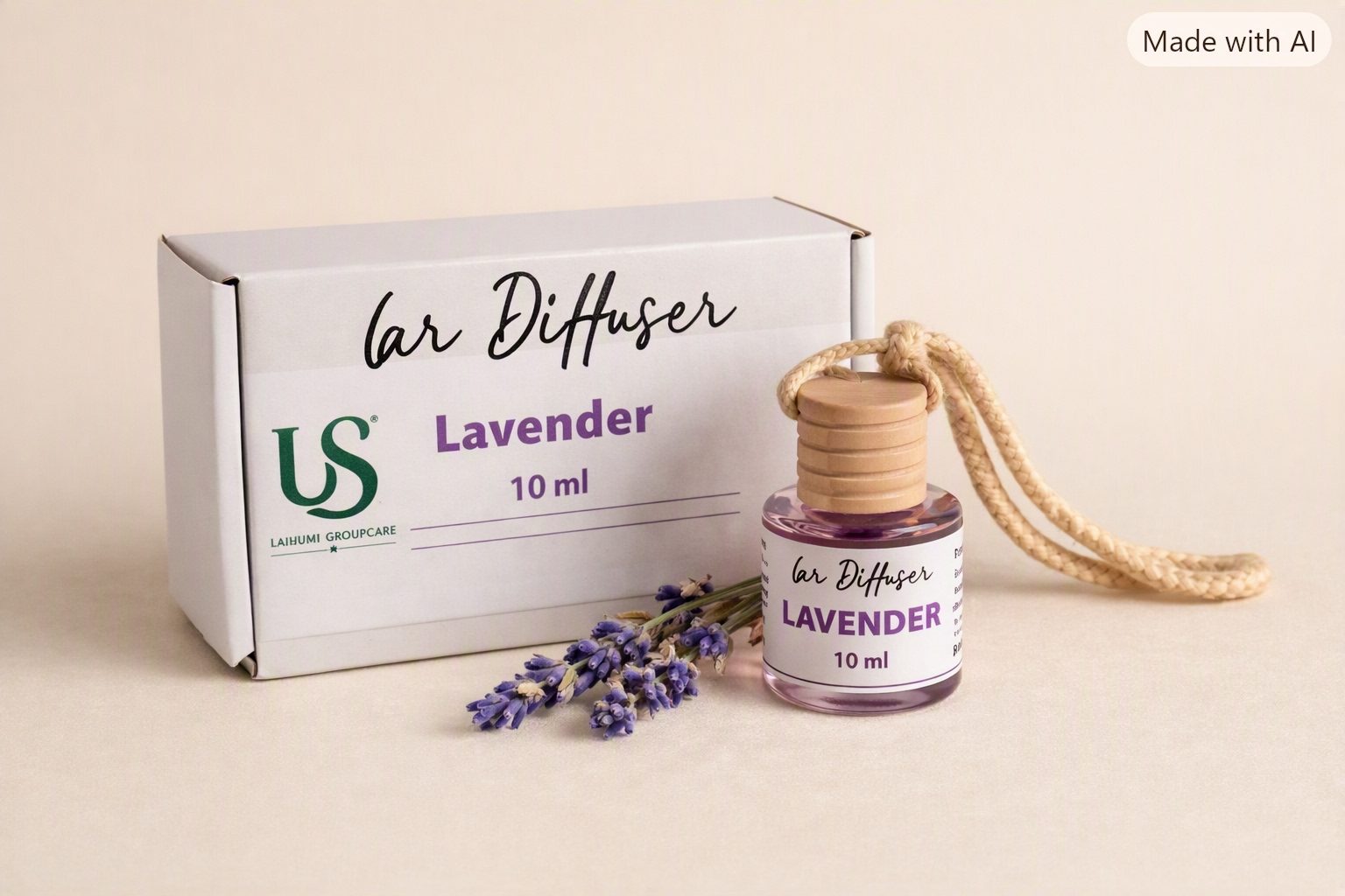 Urban Sansaar Lavender Car Diffuser 10 ml bottle with box and lavender flowers